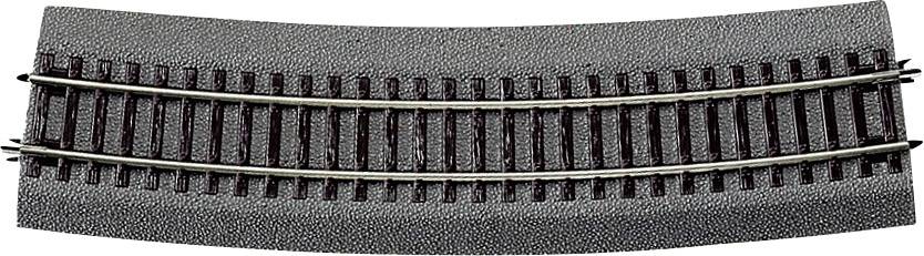 A curved model railway track made of metal and plastic, suitable for model railway layouts.