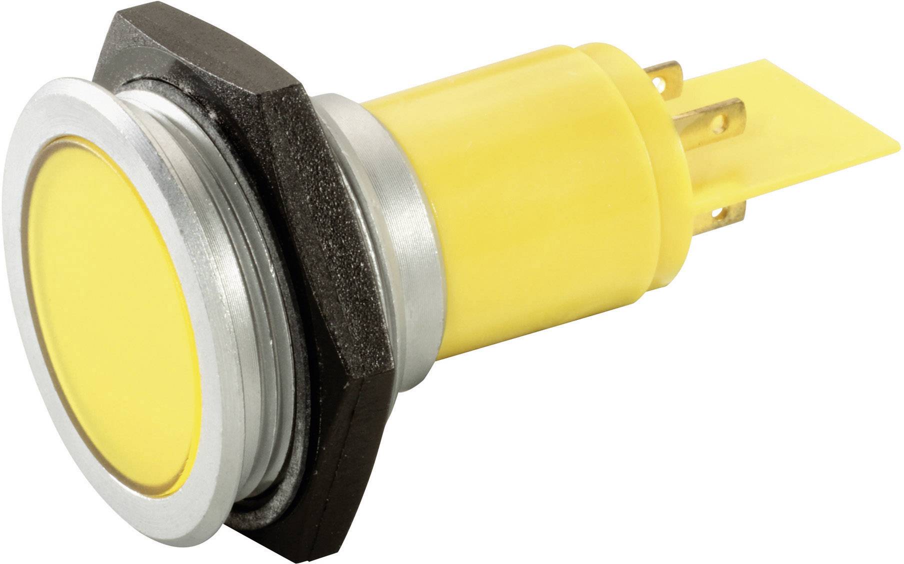 Yellow push button switch with a metallic rim and yellow casing for electrical applications.
