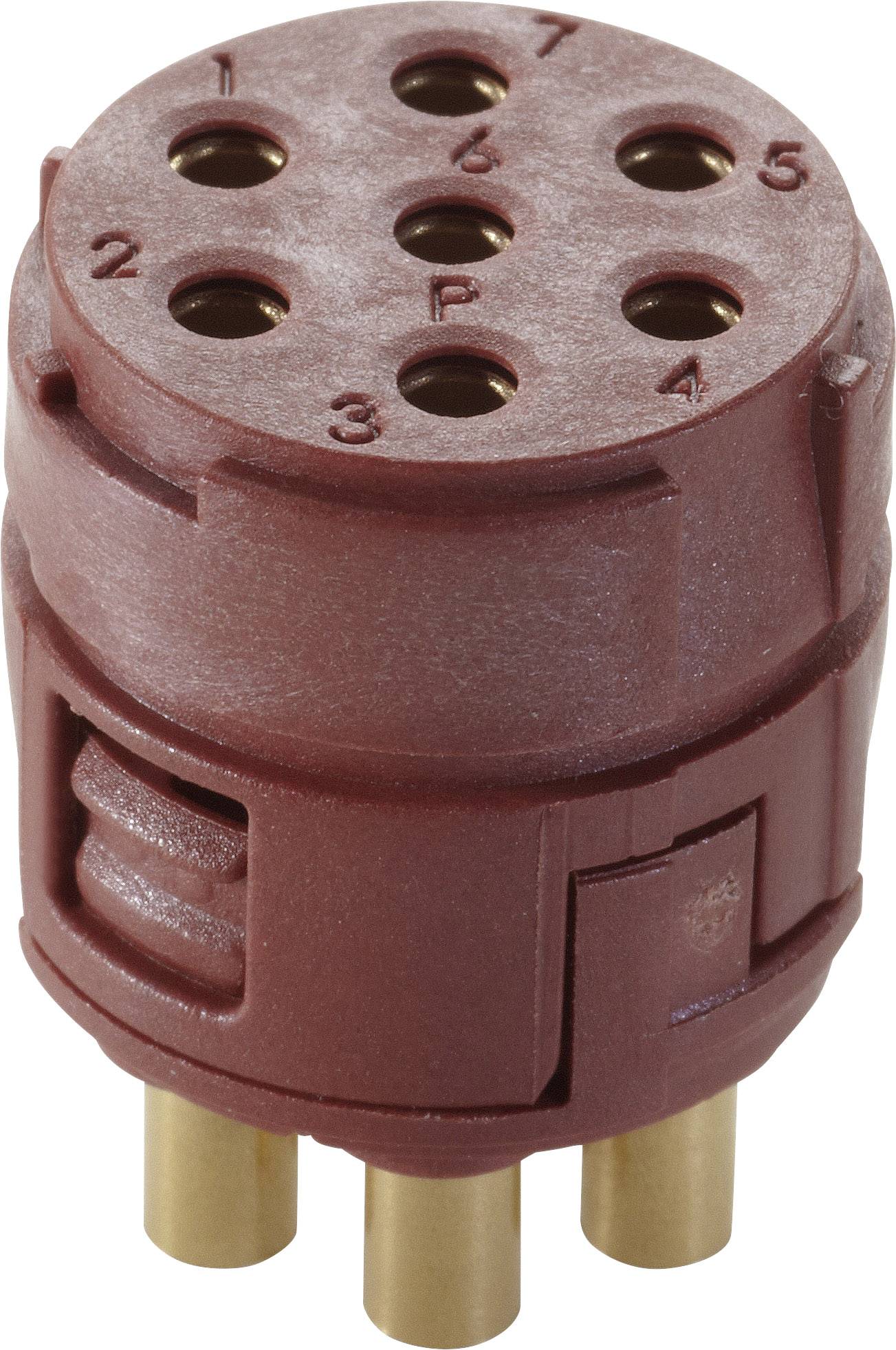 Red electrical connector with seven brass pins and numbered terminals, typical for vehicle trailers.