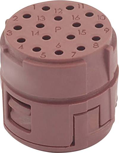 A red, cylindrical electrical plug adapter with holes and numbered labels from 1 to 16 on the top surface.