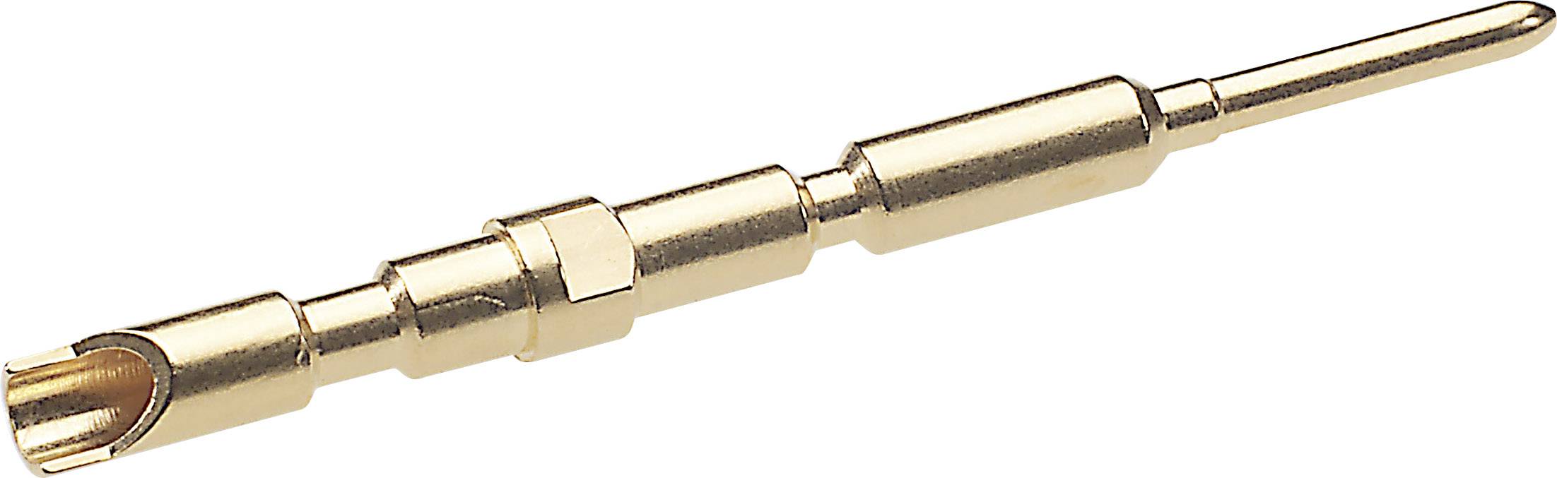 Golden electrical pin plug in pin form with multiple graduated sections and a smooth tip. Used in connector systems.