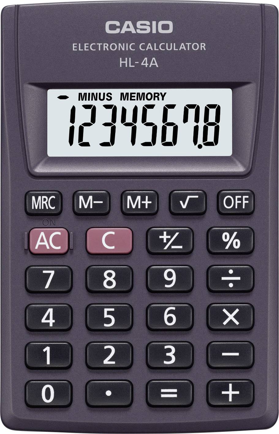 Electronic pocket calculator with buttons and display showing the numbers '12345678'.