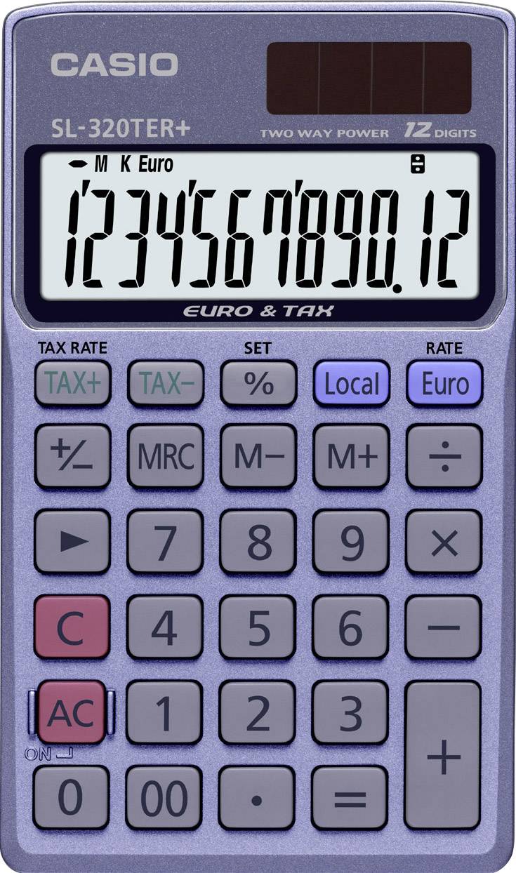 Electronic pocket calculator with LCD display showing '1234567890.12'. Includes functions such as tax calculation and two currencies.