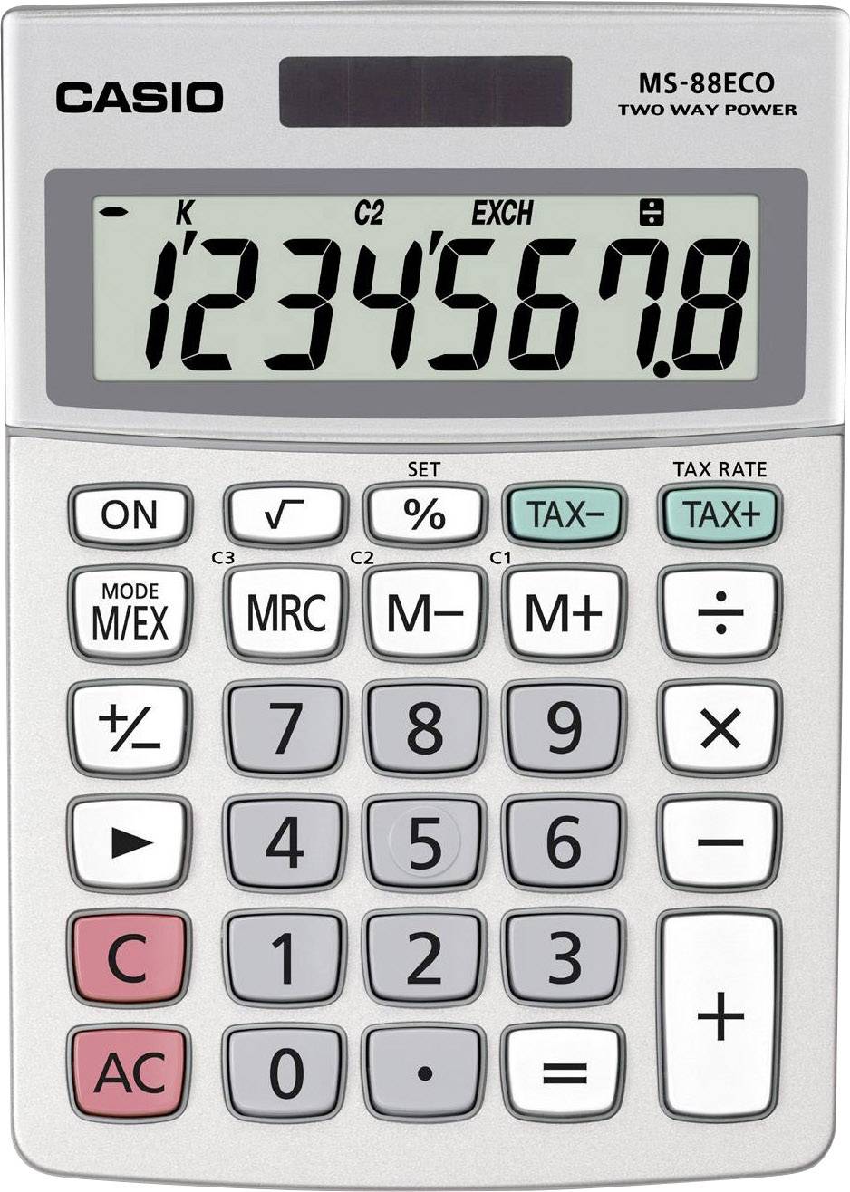 A silver calculator with a black display shows the digits '1234567.8'. It has coloured buttons for mathematical functions.
