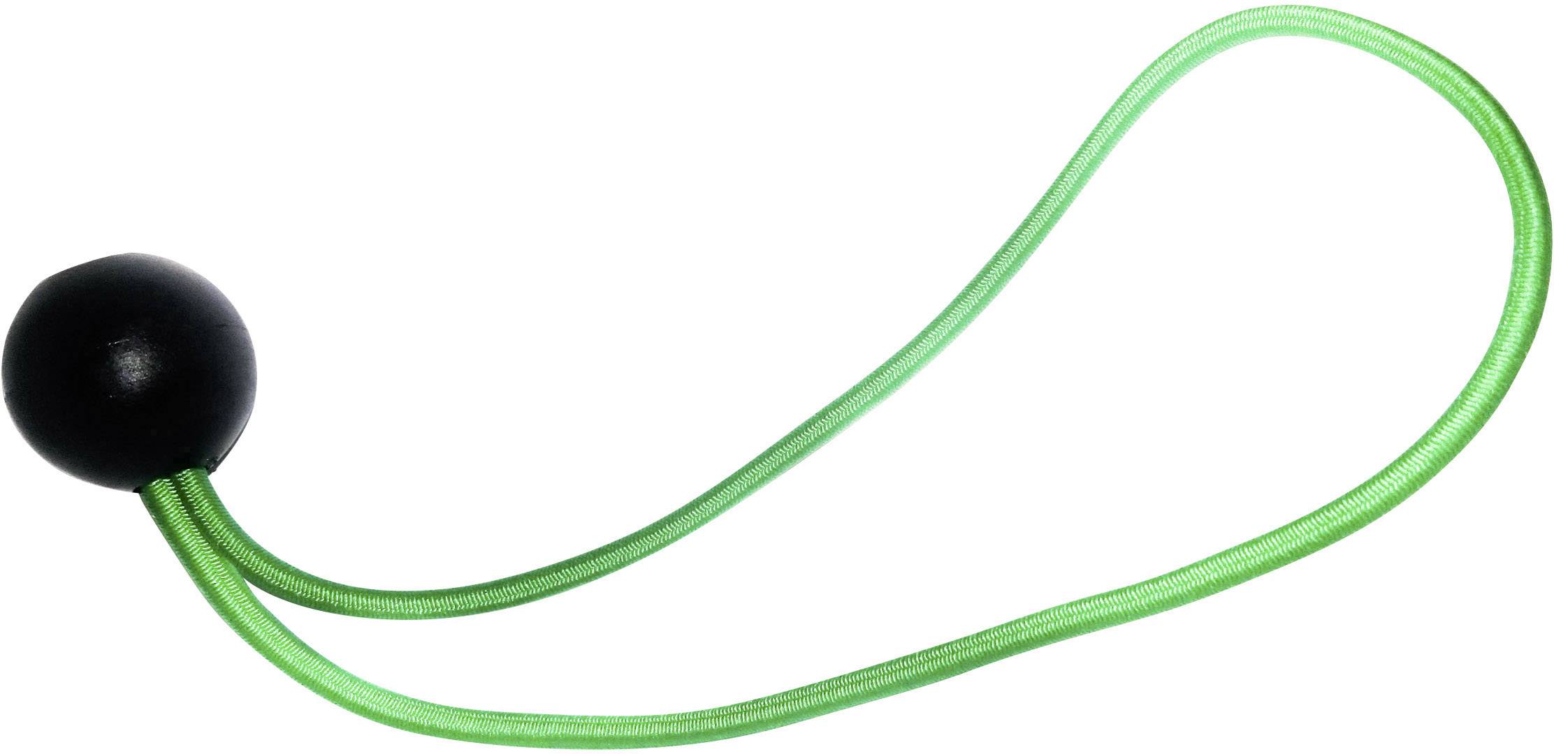 Black plastic ball with attached green elastic cord that can be used as a tensioner or fastener.