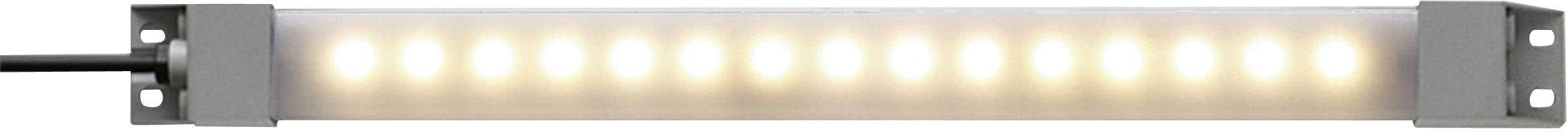 Industrial LED light with an elongated, silver housing and multiple illuminated LED lights behind a diffused protective cover.