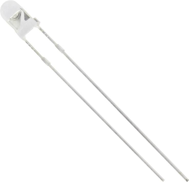 A single transparent LED diode with two long metal legs, photographed at an angle, on a white background.