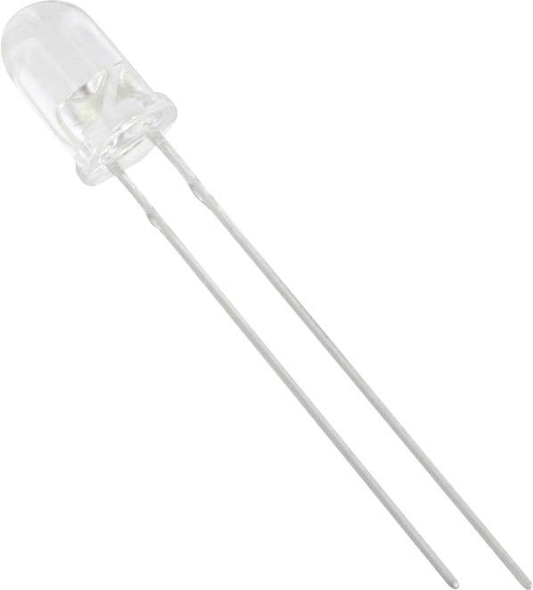 A clear LED diode with two long metal leads, commonly used in electronic circuits for lighting or indication.
