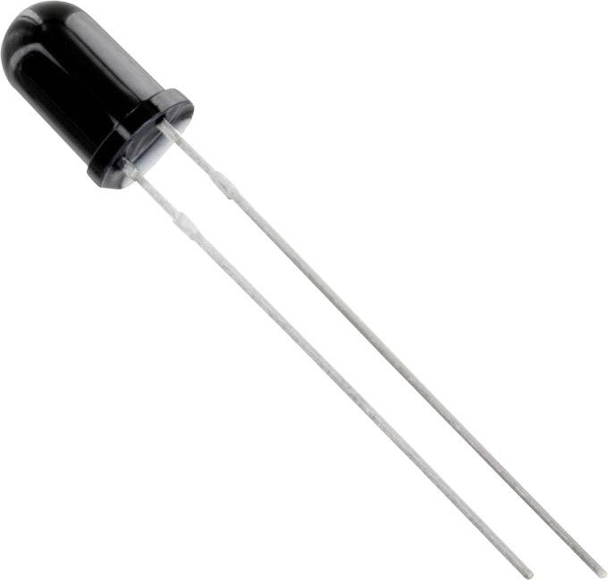 Black LED diode with two metal connectors on a white background.