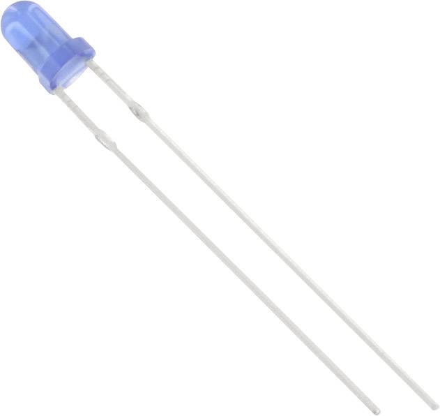 A blue LED with two long metal leads for placement on a circuit board.