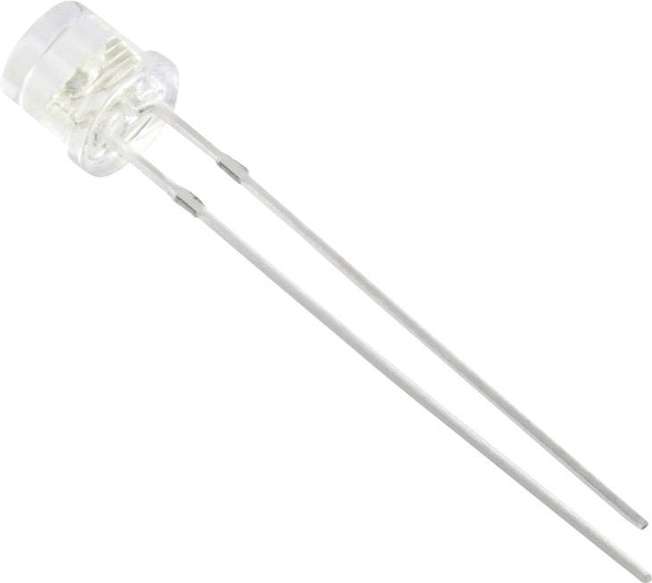 A transparent light-emitting diode (LED) with two long metal leads, suitable for electronic circuits.