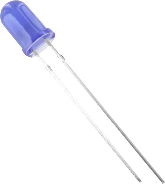 A blue light-emitting diode (LED) with two metal terminals, typical of electronic circuits.