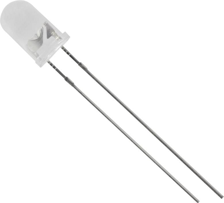 Light-emitting diode with two metal terminals, transparent casing. Used for converting electrical energy into light for electronic circuits.
