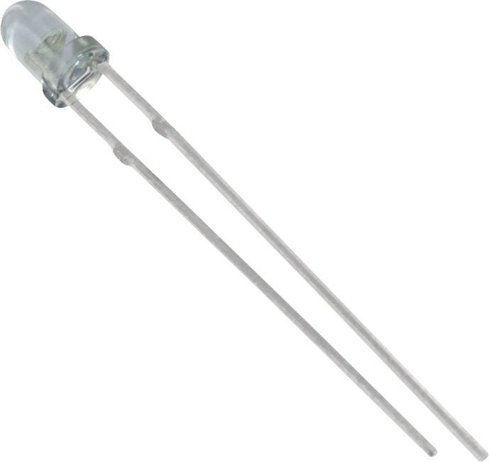 Two clear LED legs and a transparent, blue cap. Used in electronic circuits for light generation.