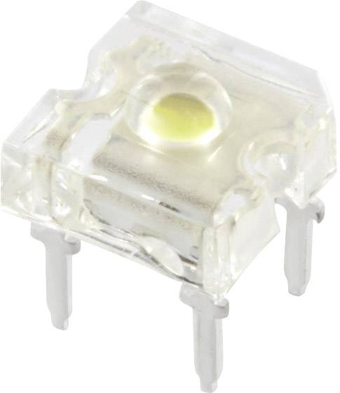 Kleine, transparente LED mit quadratischem Kunststoffgehäuse und vier Metallpins für elektrische Verbindungen.