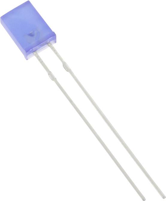 A blue rectangular light-emitting diode (LED) with two long, thin metal legs used for connecting.