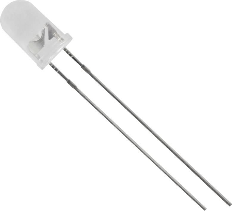 Light-emitting diode (LED) with a transparent casing and two connecting legs, shown on a white background.