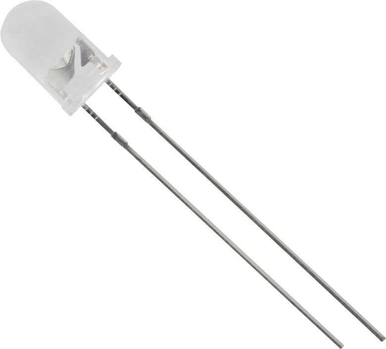 A close-up of a clear light-emitting diode (LED) with two long metal terminals.