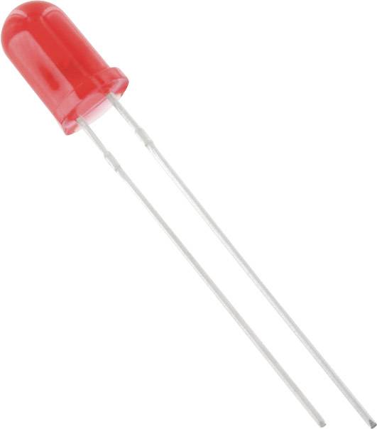 Red LED with two metal terminals, typical electrical component.