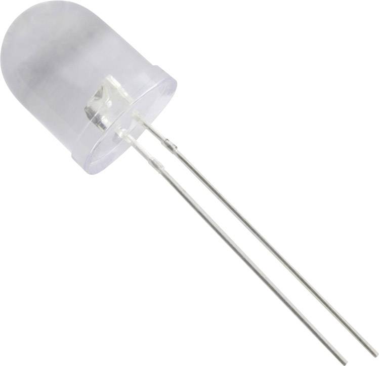 A white light-emitting diode with a clear plastic cover and two long metal leads is positioned diagonally from the top left corner to the bottom right corner.