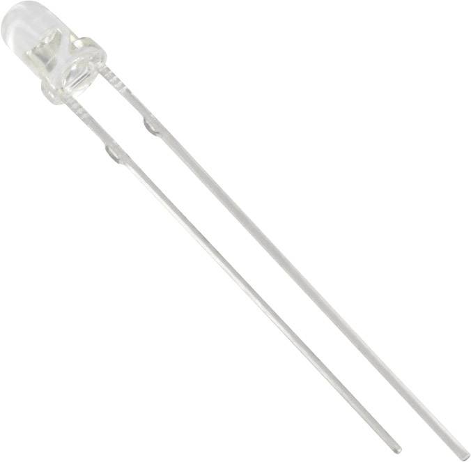 A transparent LED with two long connecting wires that can be used for soldering or plugging into a circuit board.