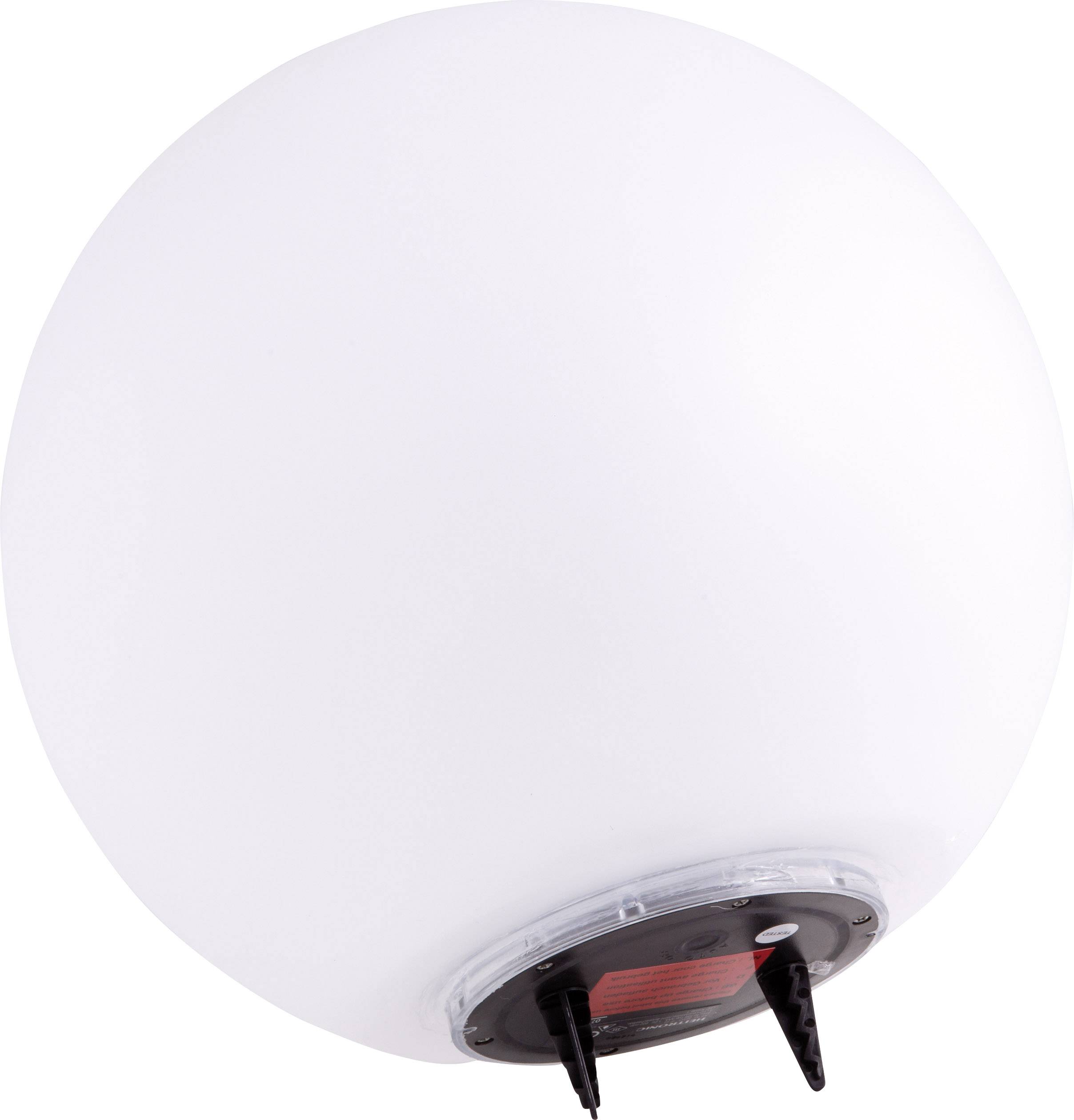 A white, spherical outdoor light with a black base and ground stakes for mounting.