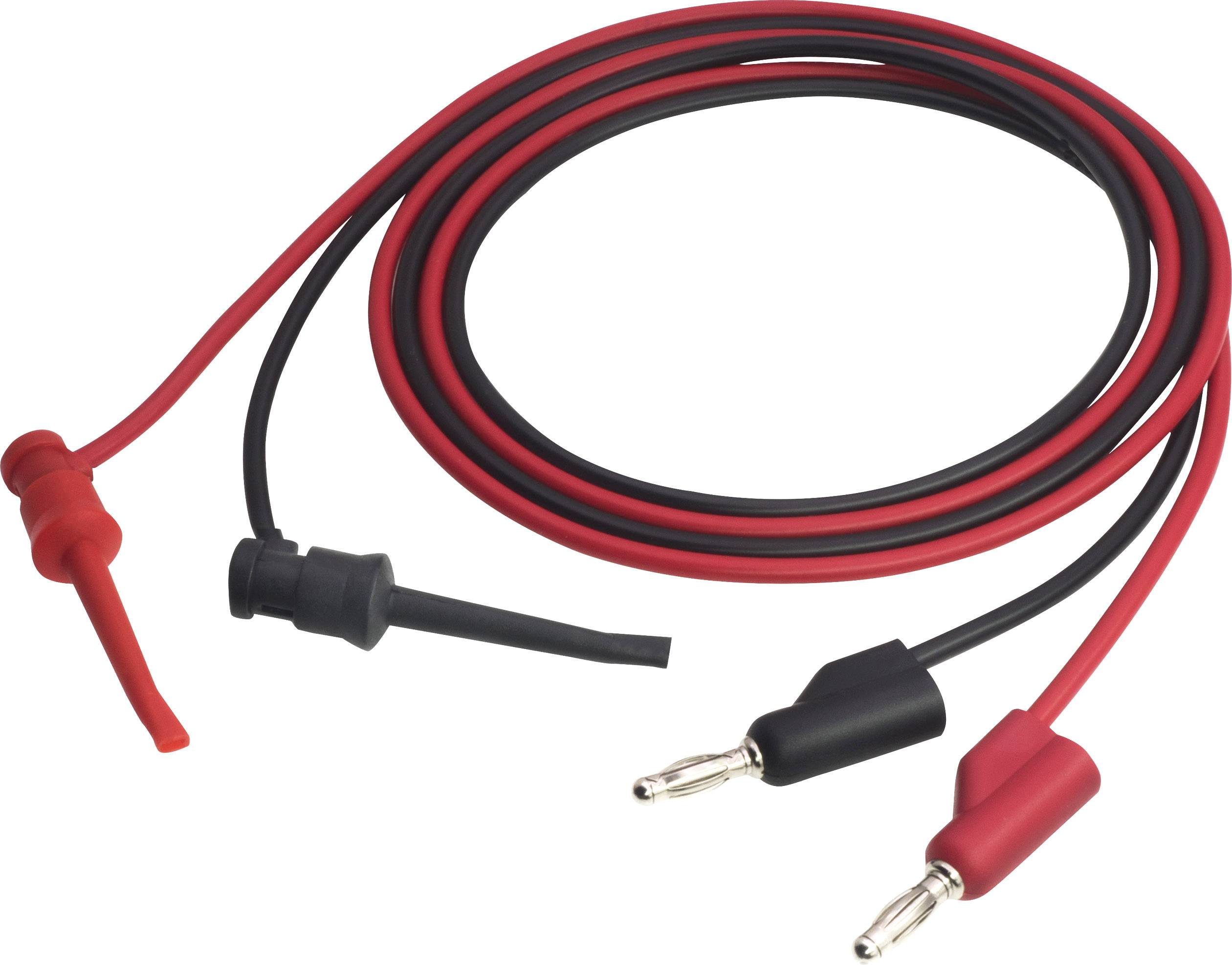 Two measuring cables with red and black plugs are lying next to each other. The plugs are each fitted with a flexible insulation.