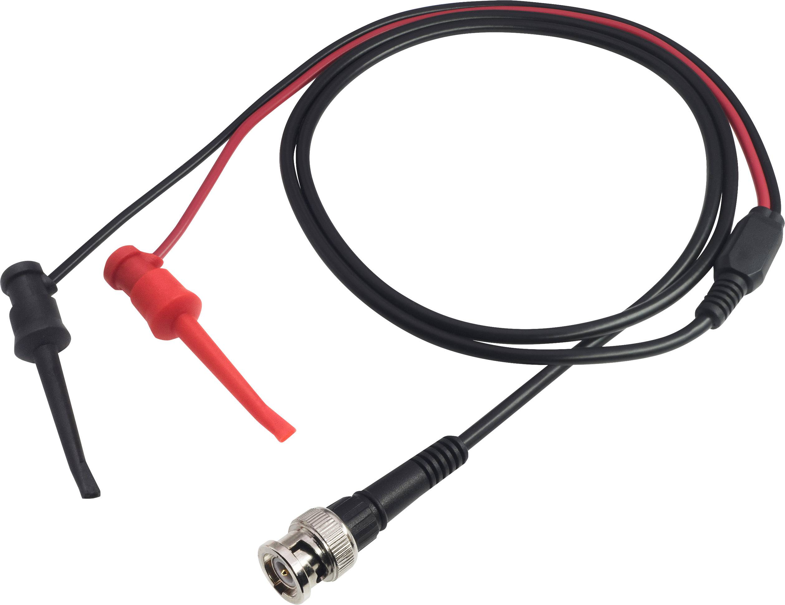 Black and red BNC test cable, black and red connector, for measuring electrical signals in laboratories.