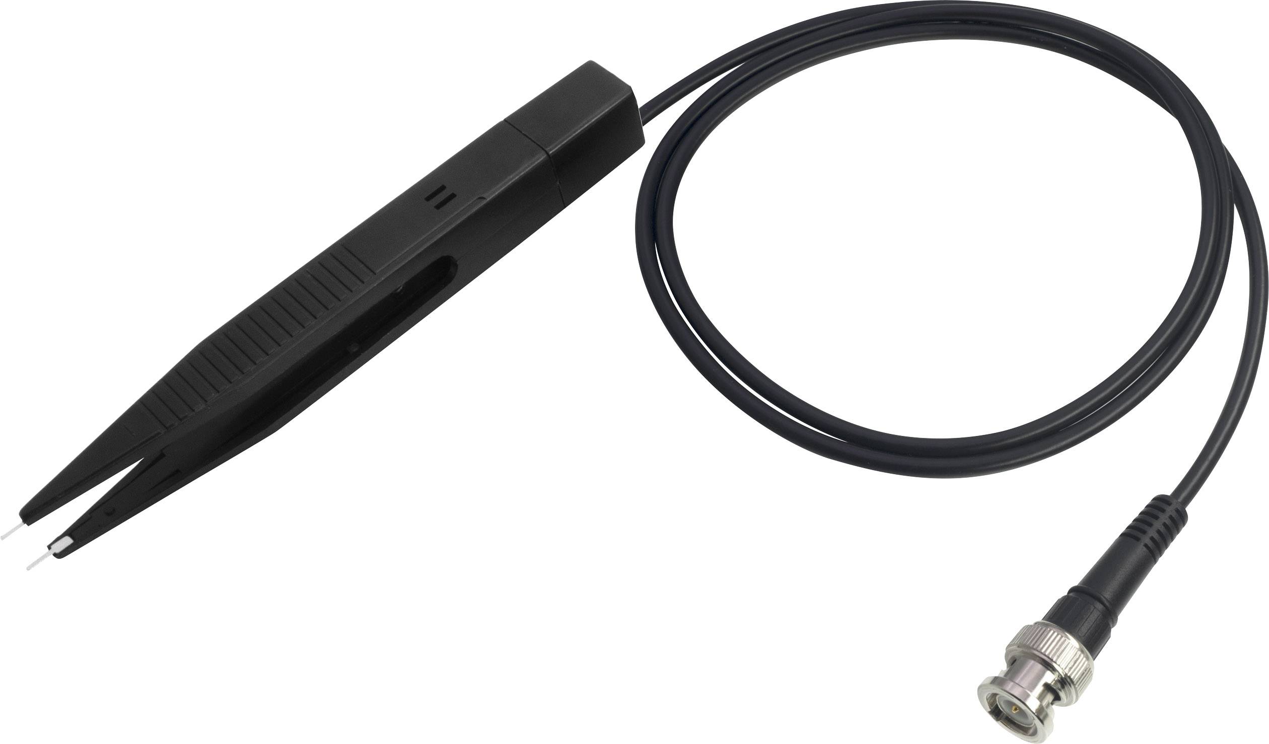 A black electronic tweezers with an attached cable and plug, used for precise measurements in electronics.