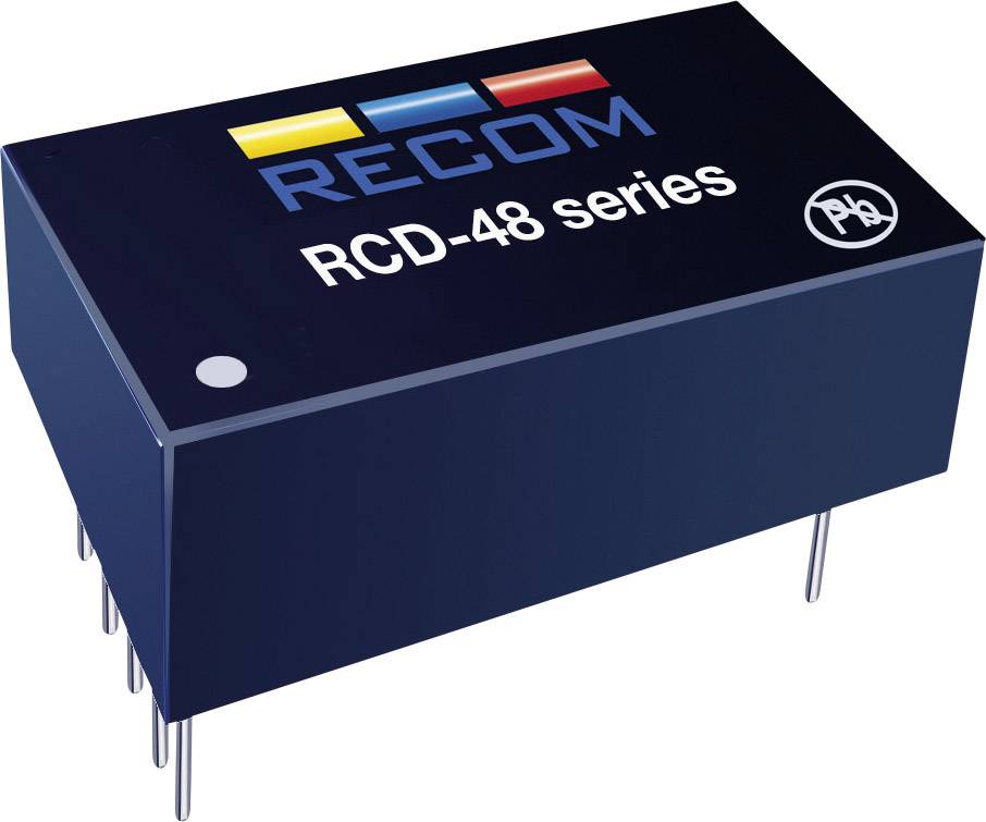 Electronic component with the inscription 'RECOM RCD-48 series', black rectangular shape, multiple metal pins on the underside.