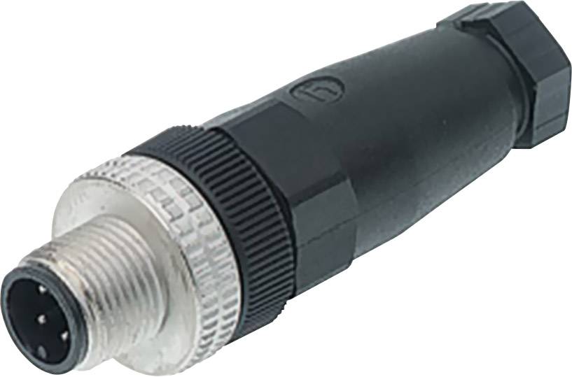 Black, cylindrical plug with silver threading and four pins, suitable for industrial or electronic applications.