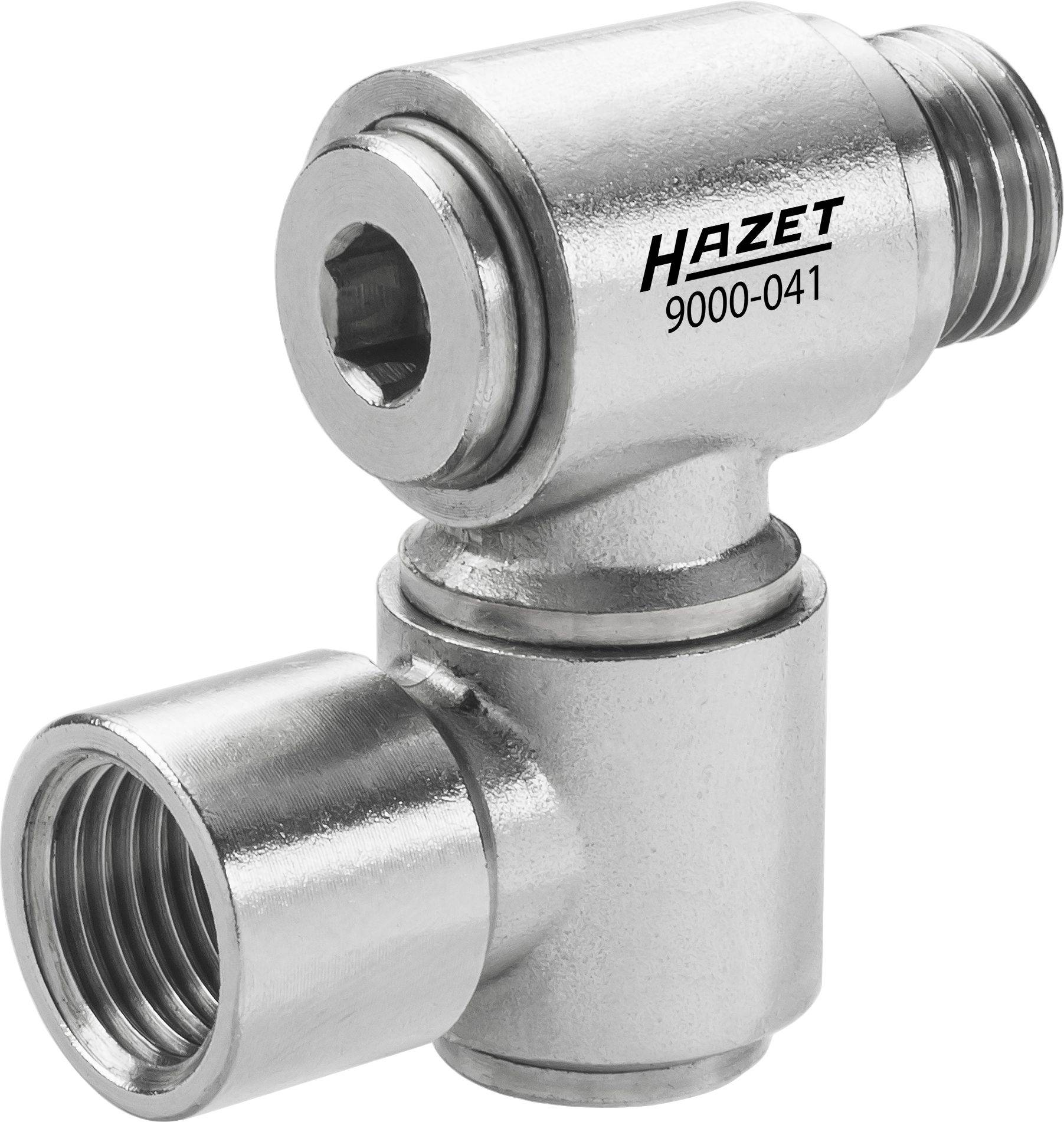 A chrome-plated articulated joint by HAZET, model number 9000-041, with two internal hexagon connections.