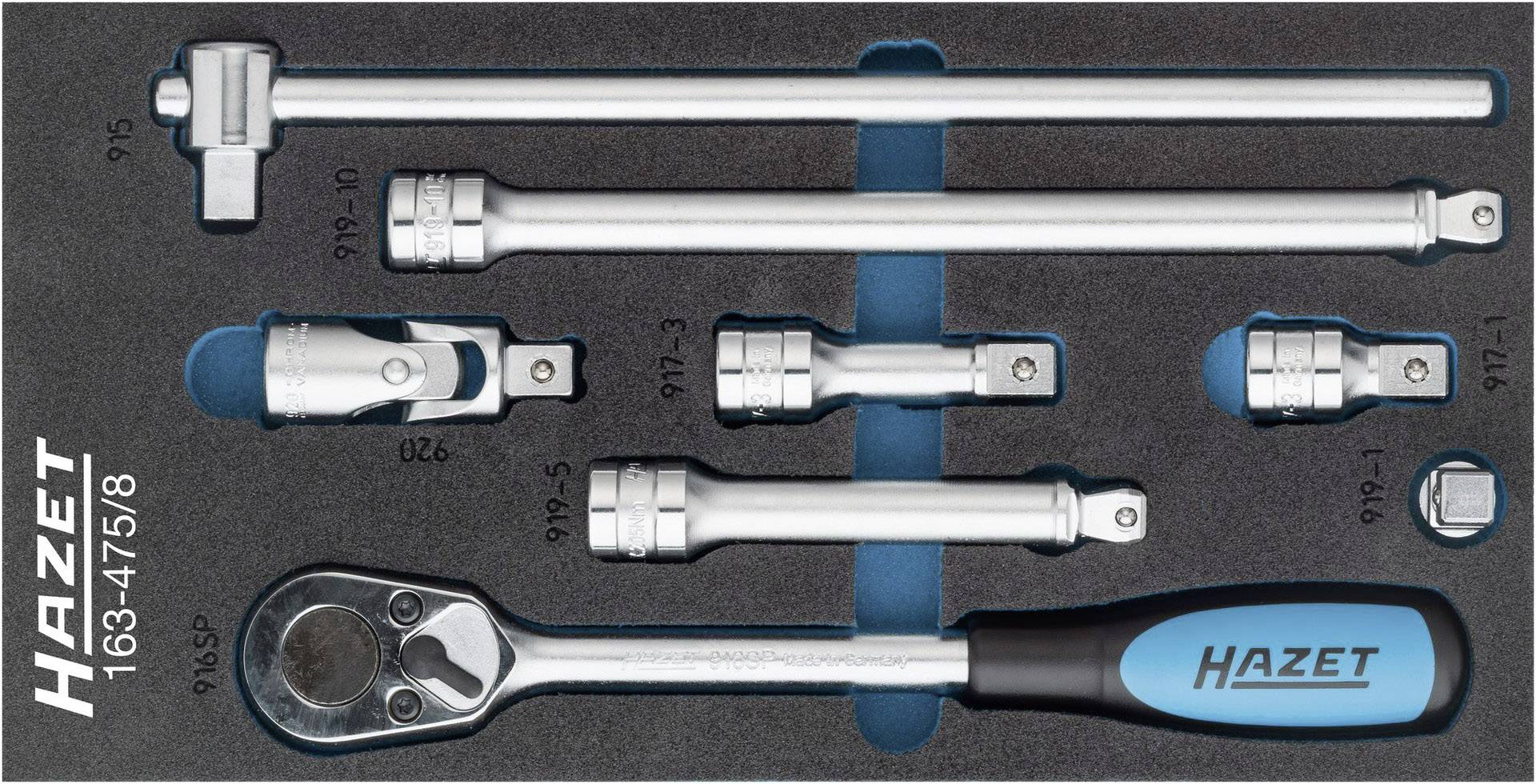 Hazet ratchet set with various extensions and adapters, arranged in a foam insert, model number 163-475/8.