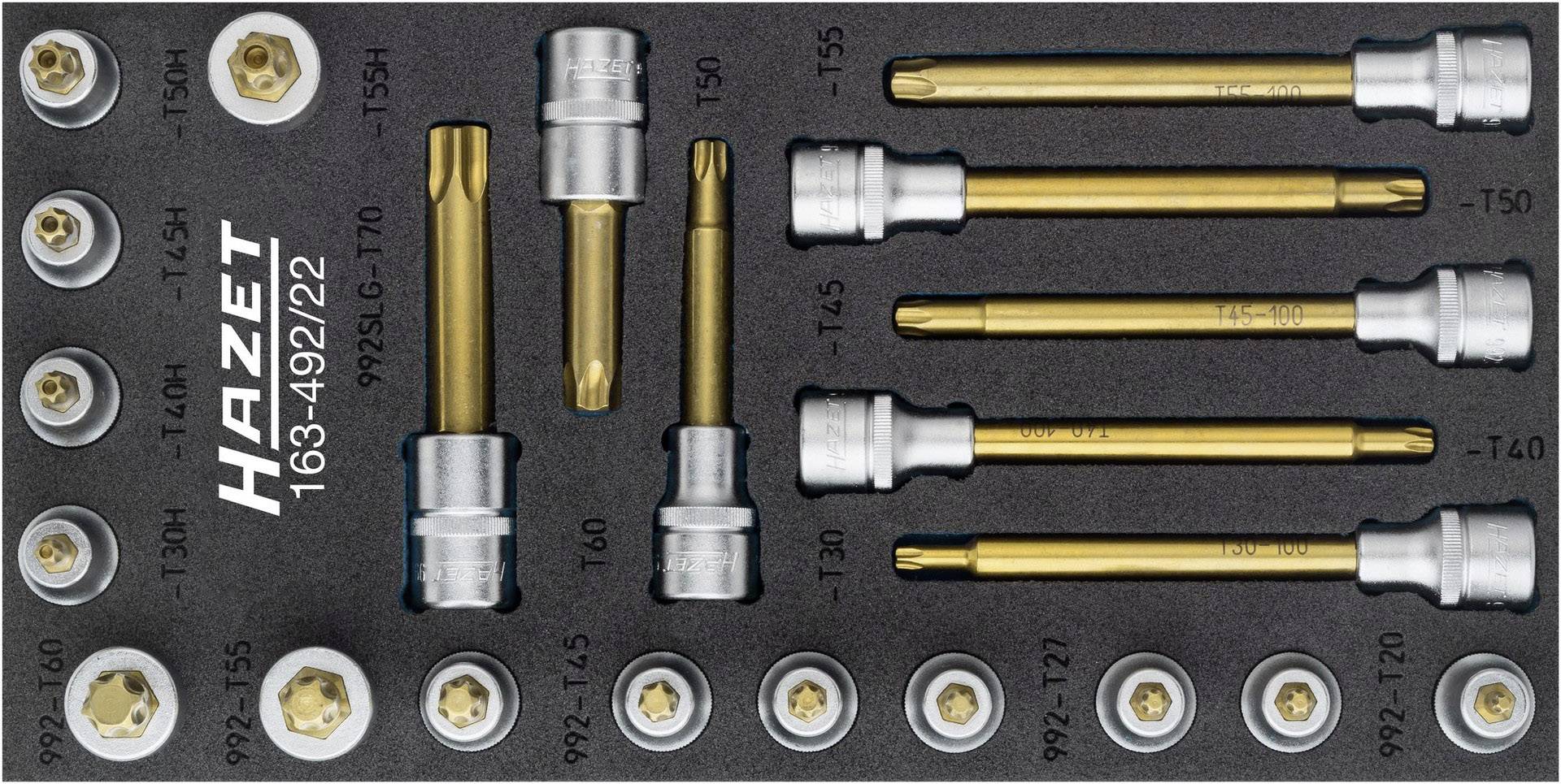 'Set of Torx bits and sockets in a foam insert, with size indications included. 'Hazet' brand name printed.'