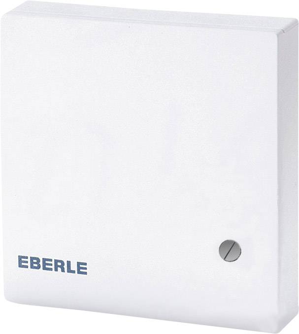 A white Eberle room thermostat. Rectangular housing with a small screw element in the bottom right corner.