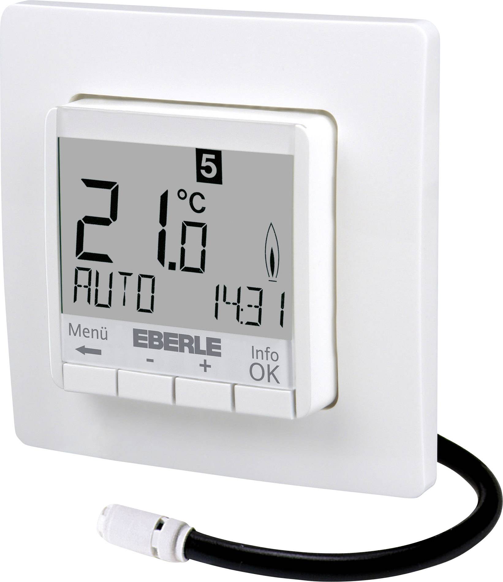 Digital thermostat showing 21°C, Auto mode, time 14:31. Control buttons below: 'Menu', '+', '-', 'Info OK'. Wall-mounted.