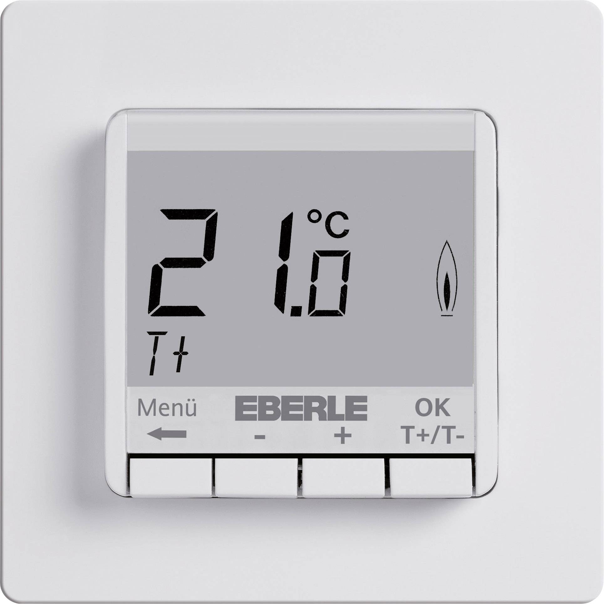 Digital thermostat with large display, showing 21° Celsius, menu buttons, 'Eberle' logo, OK function and temperature setting.