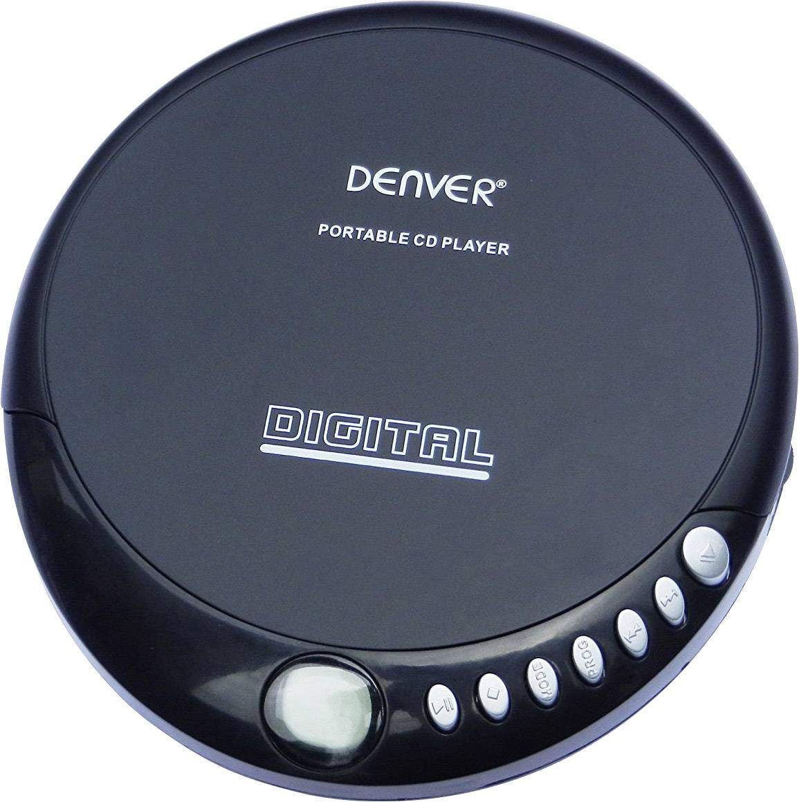 Black portable CD player with control buttons on the front panel, featuring the labels 'PORTABLE CD PLAYER' and 'DIGITAL'.