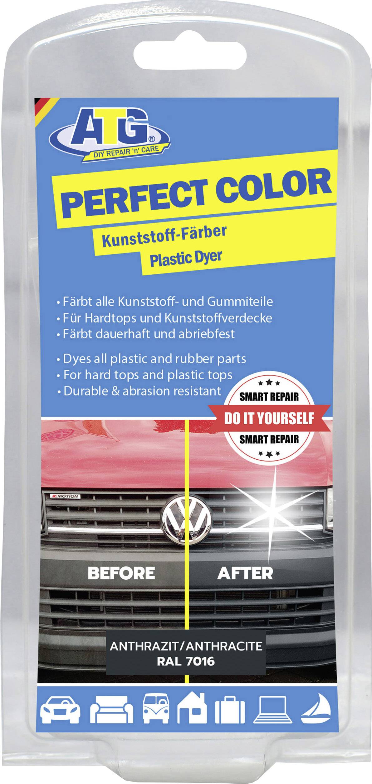Packaging of a plastic colouring product with an image of a car before and after application. Text: 'Perfect Colour', 'Do It Yourself'.Note: I made a minor spelling adjustment from 'Color' to 'Colour' to reflect British English usage.