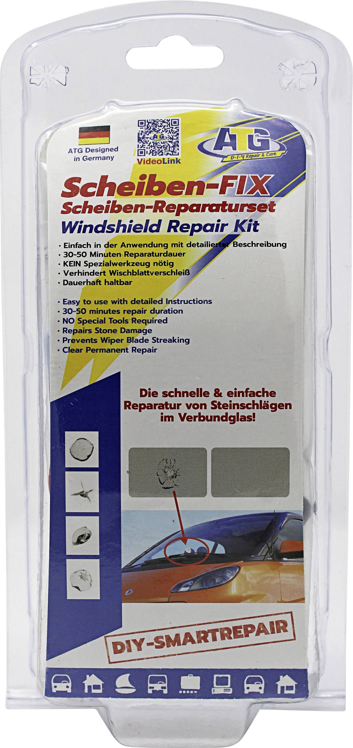 A windscreen repair kit in a transparent packaging. On the front it reads: 'Screen-Fix', 'Quick and easy repair of stone chips in laminated glass'.