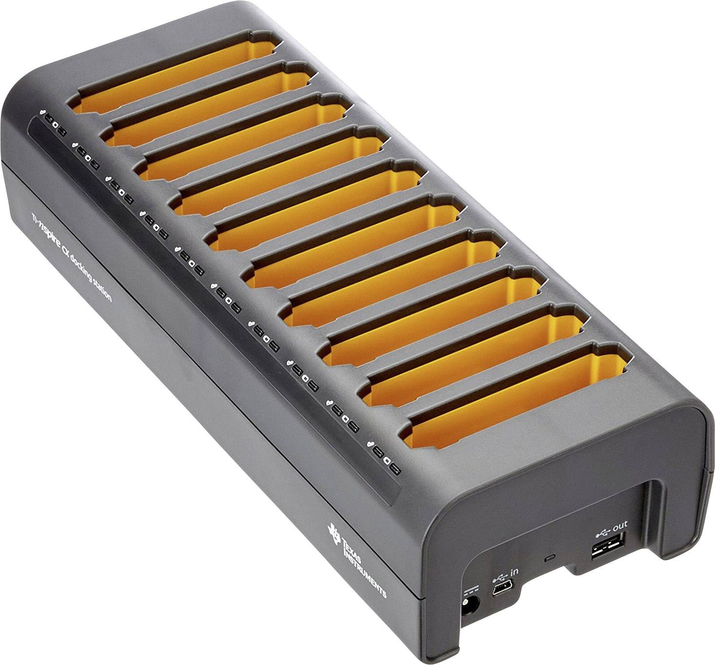Multi-device charger with ten slots, orange interior view, black housing, suitable for fast charging.