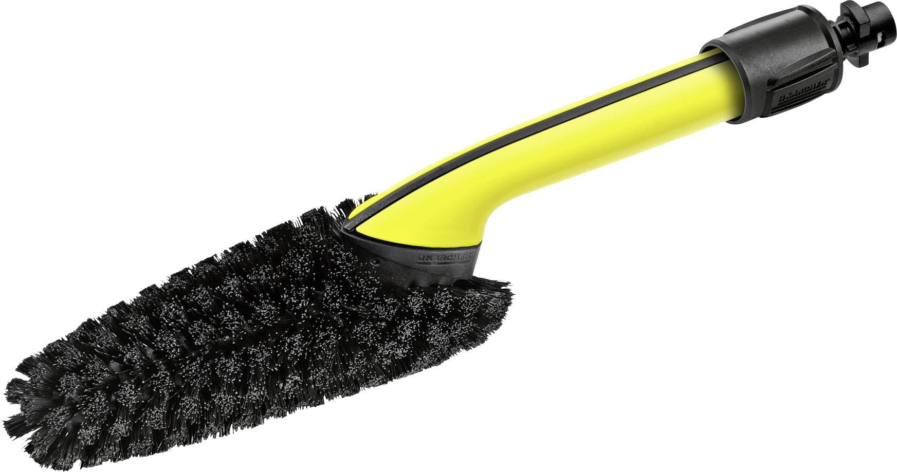 Yellow cleaning brush with a black handle and bristles, specially shaped for car care and hard-to-reach areas.