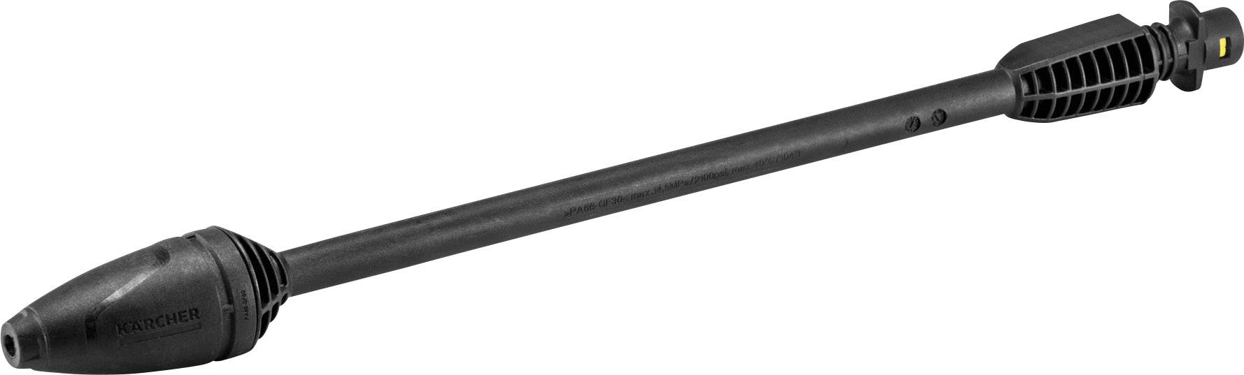 A black high-pressure washer attachment with a conical nozzle and ribbed grip structure, suitable for targeted cleaning applications.