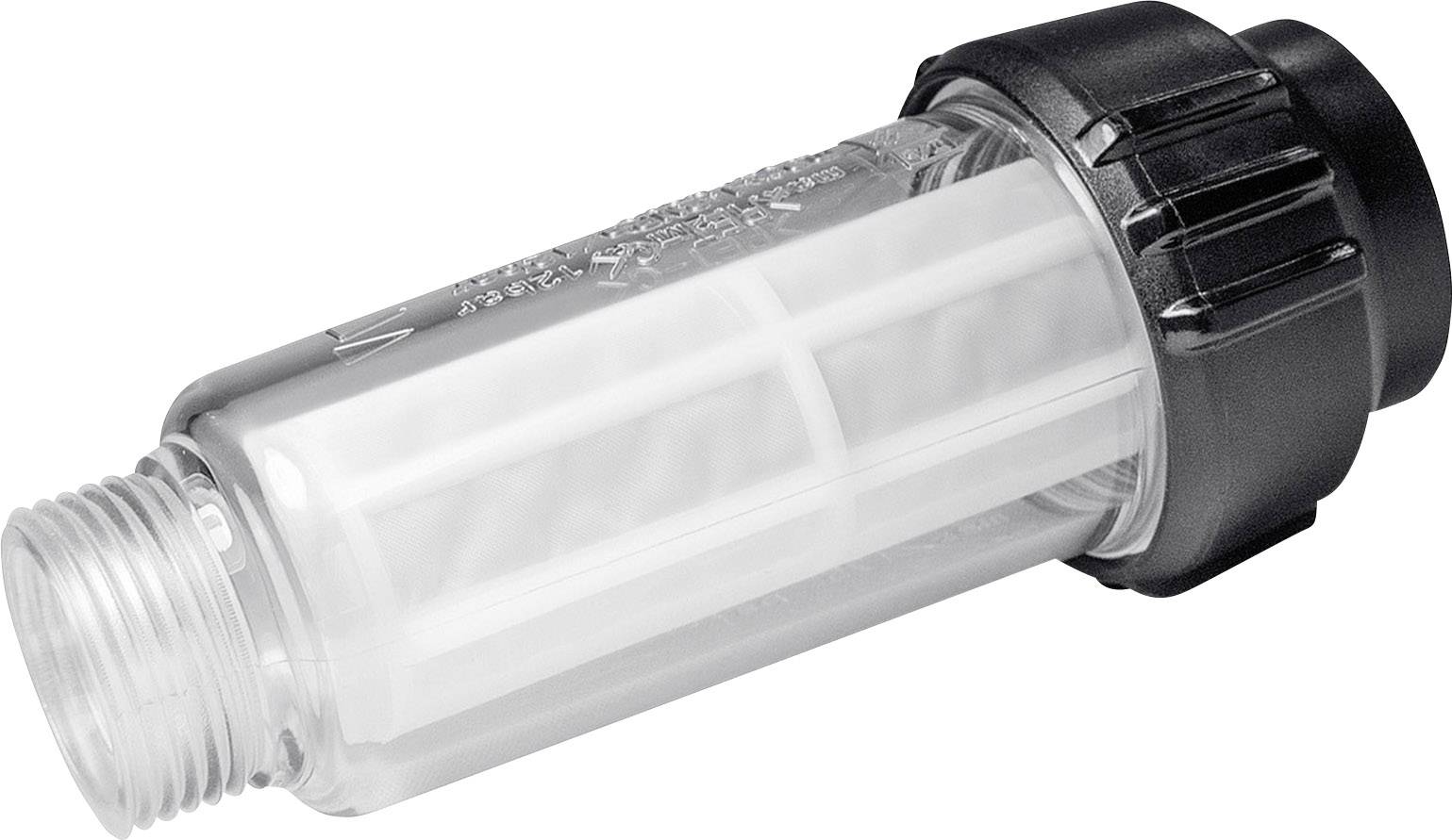 Transparent water filter with black cap, suitable for use in pipe systems to reduce particles in water.