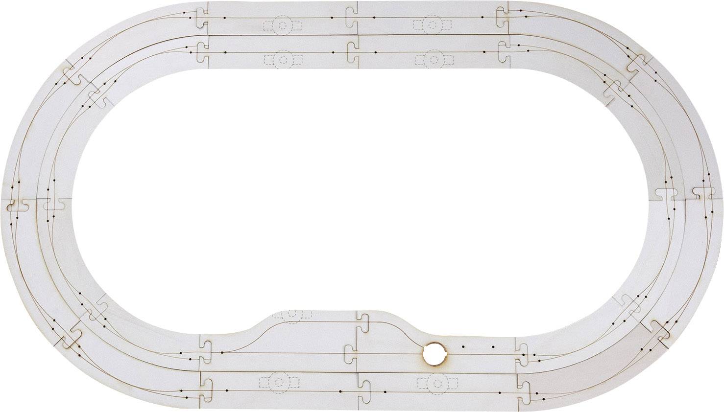 A wooden, oval toy racing track with simple track pieces and a hole on one side.