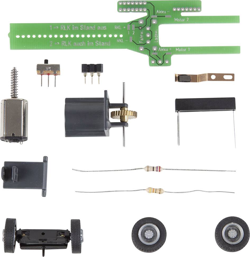 Component set for an electronics project with various components: printed circuit board, switch, motor, connectors, resistors, and wheels.