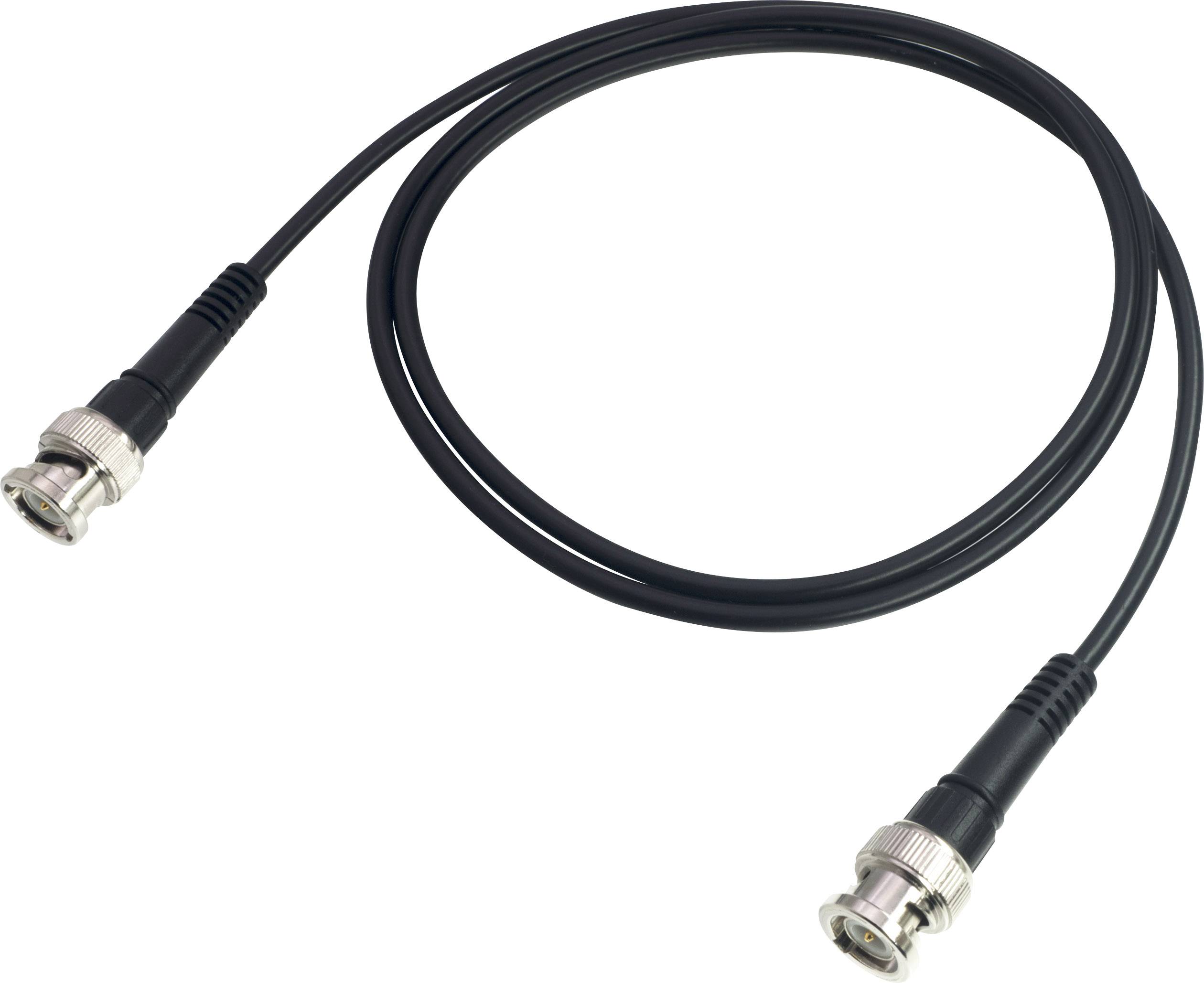 Black coaxial cable with BNC connectors at both ends, suitable for video and data transmission.