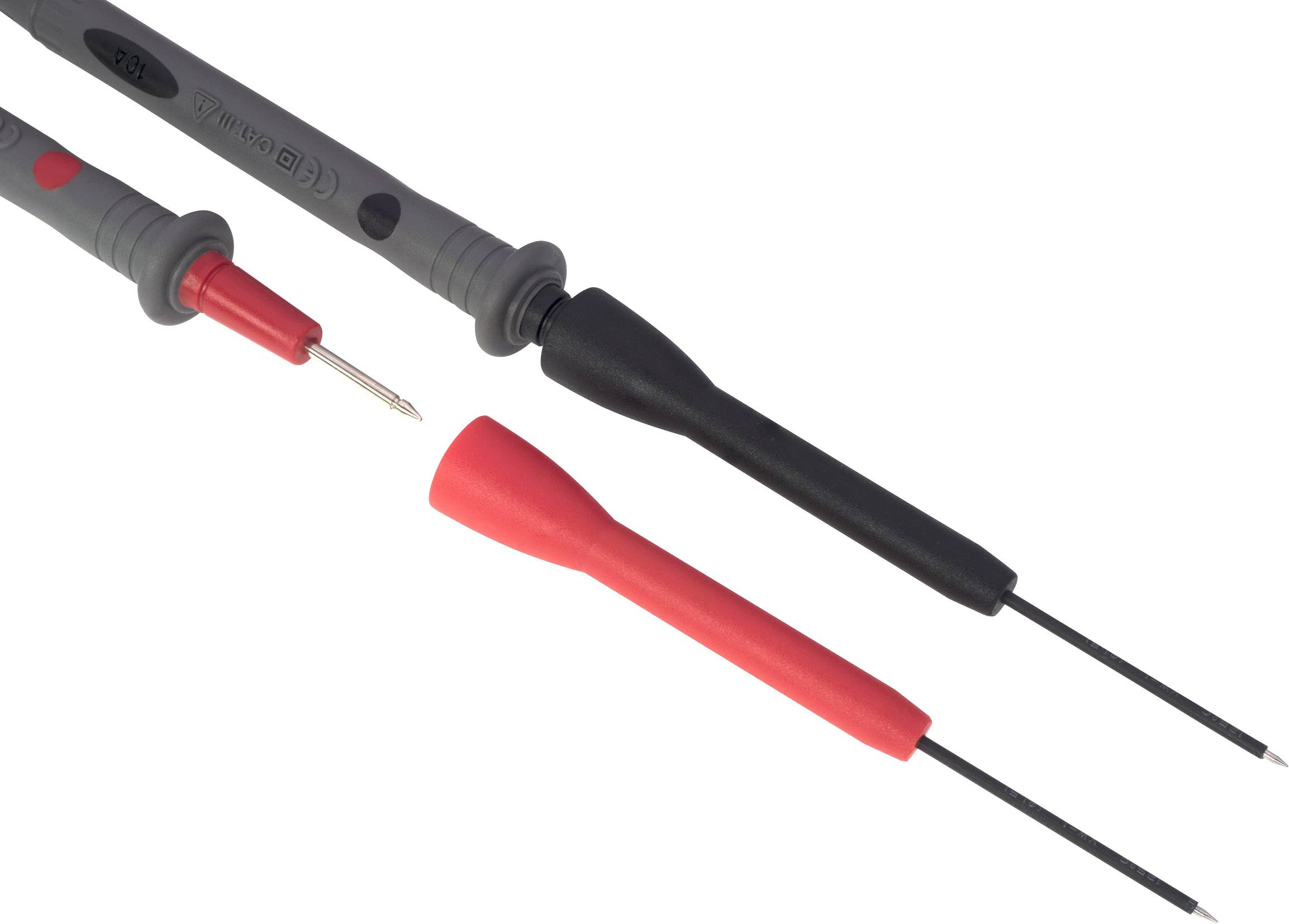Two test probes, one red and one black, with removable protective caps, for use with a multimeter to measure electrical parameters.