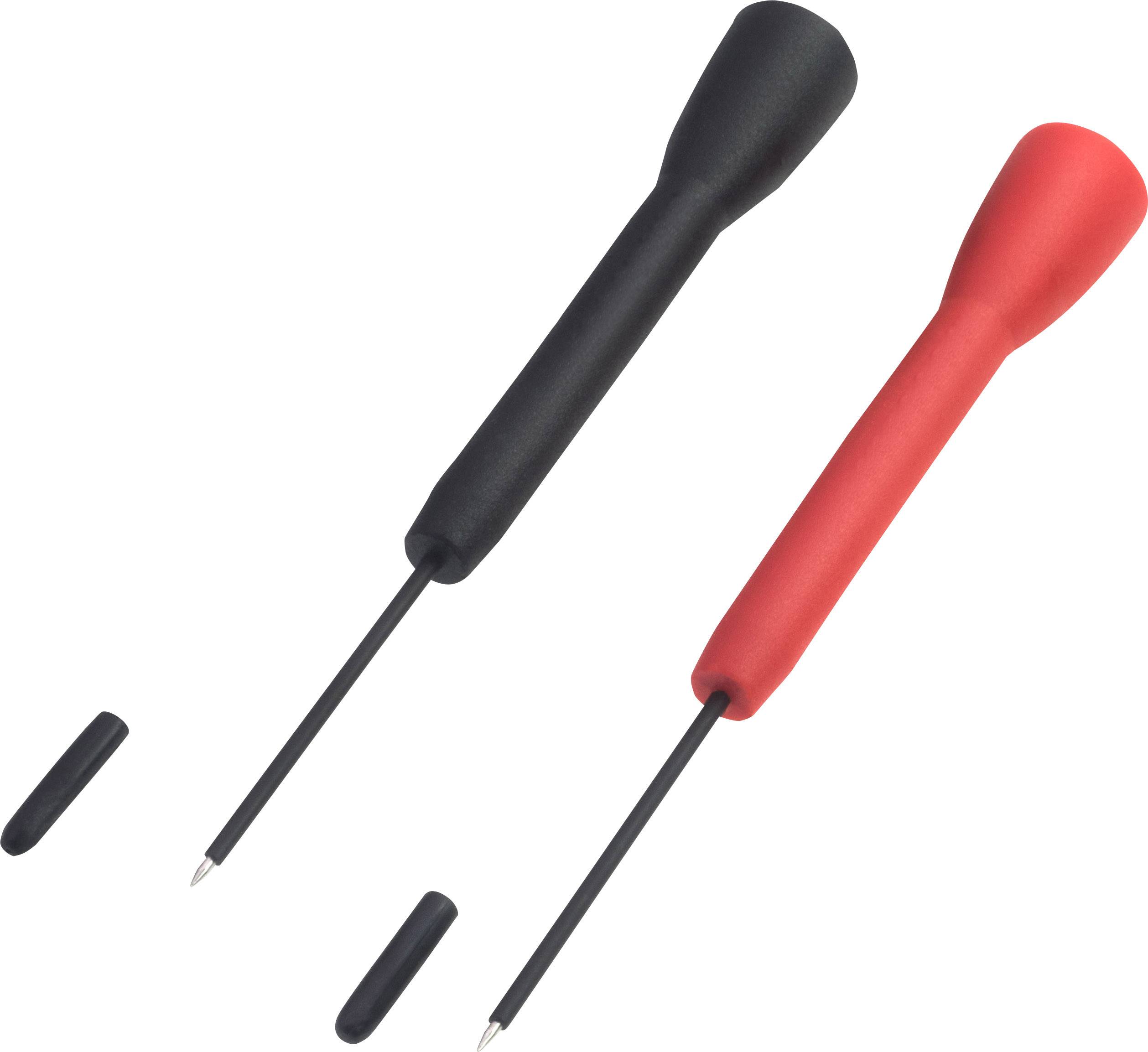Two fine-point test probes with protective caps, one black, one red. Primarily used for electrical measurements.