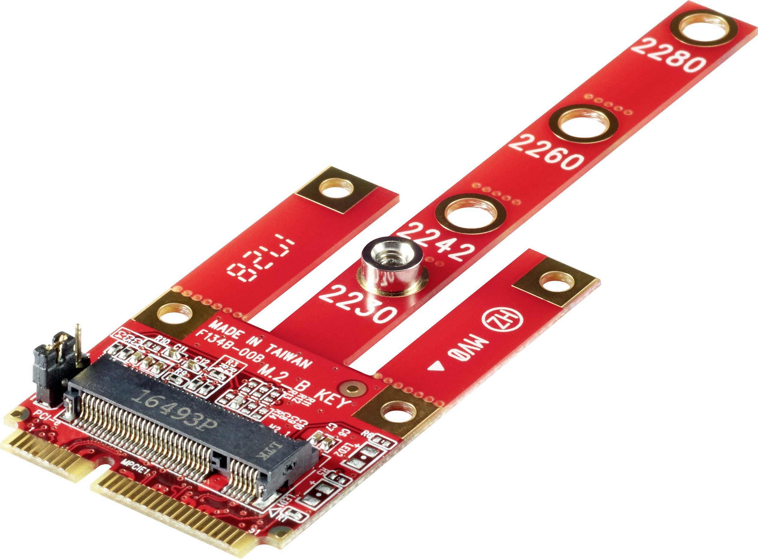 Red M.2 NGFF SSD Adapter Card with Different Mounting Holes for Various SSD Sizes and a Main Socket.